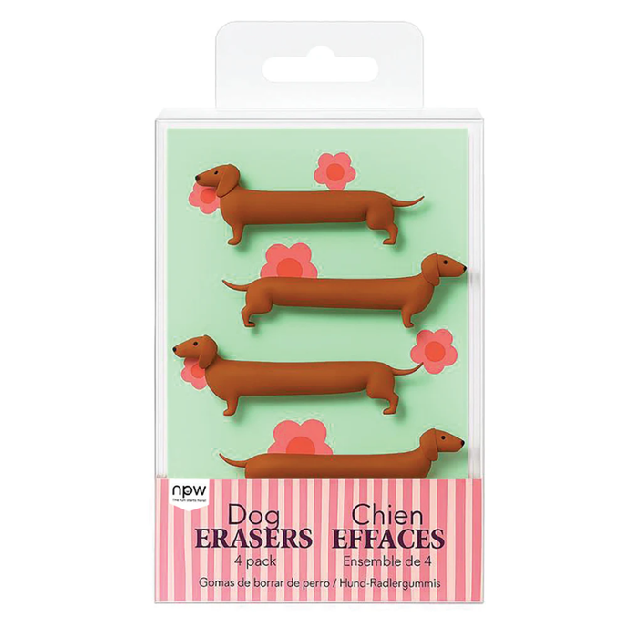 Pack of dog-shaped erasers with a light green background and pink flowers, featuring the brand 'npw'.