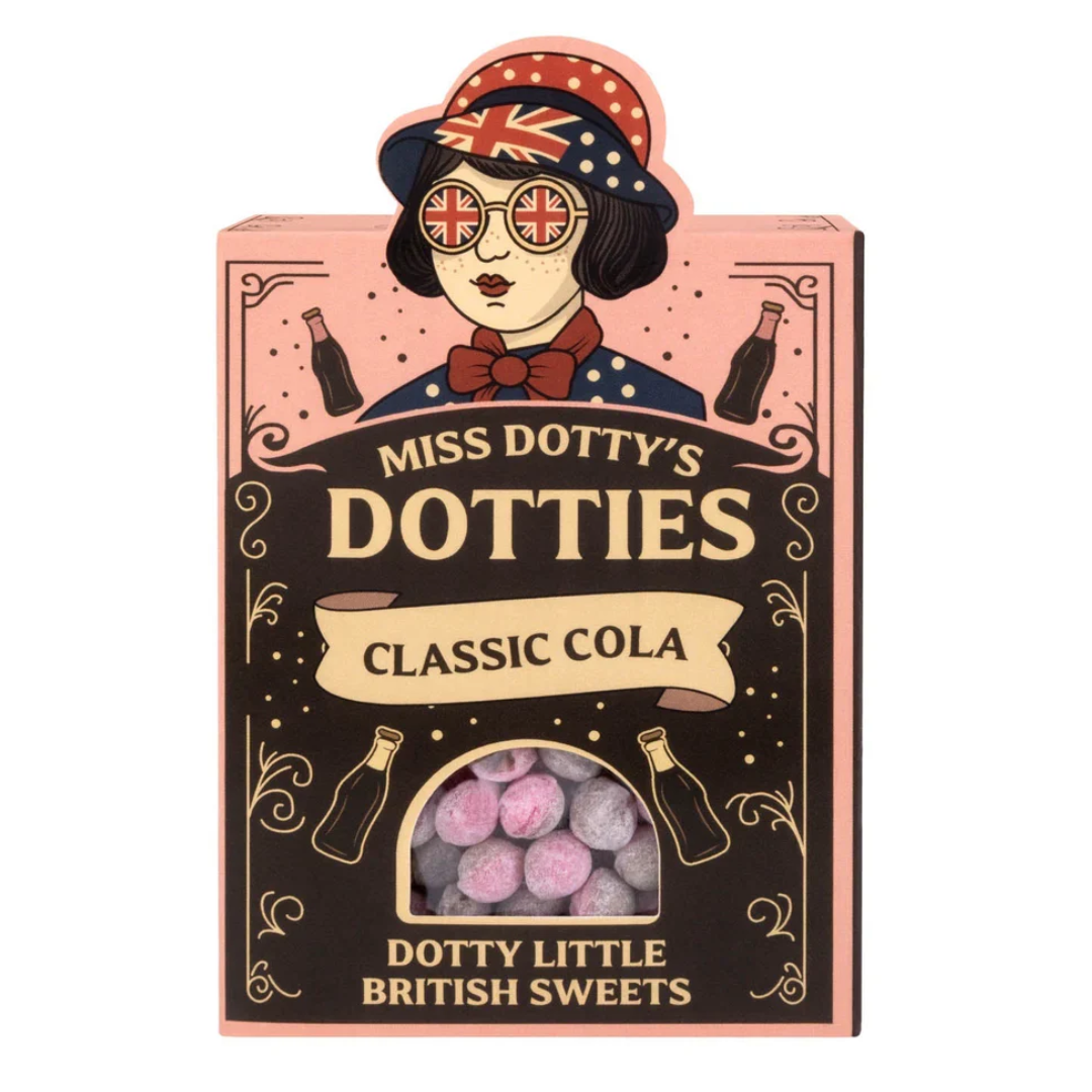 Packaging of Miss Dotty's Dotties Classic Cola with a character design on a white background