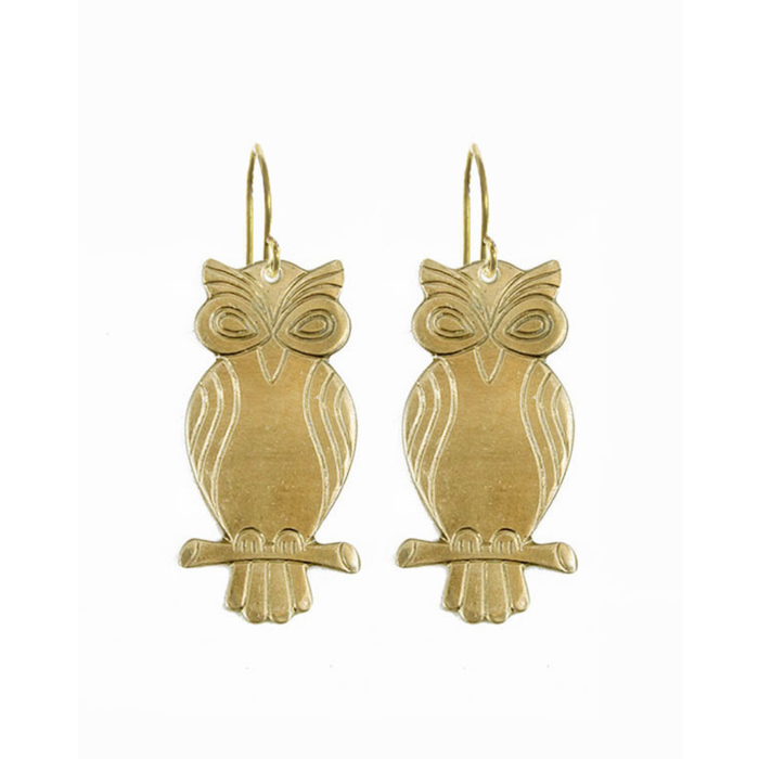 Gold owl-shaped earrings on a white background