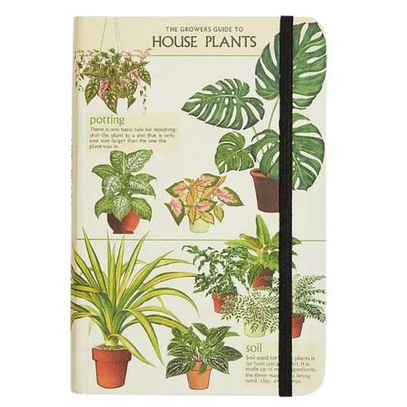 Notebook cover with illustrations of house plants and text on a white background