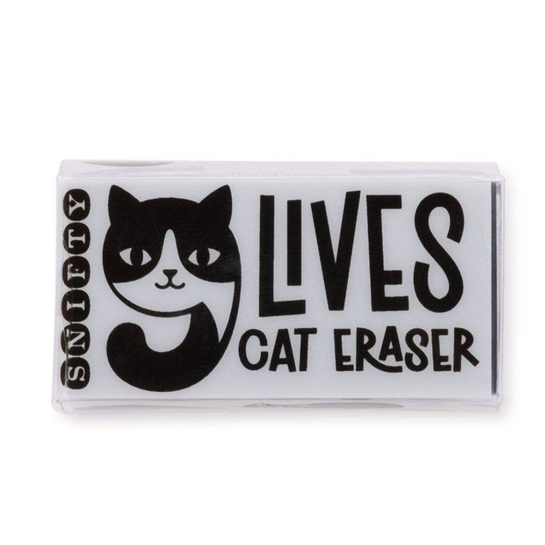 9 lives cat rectangular black and white eraser