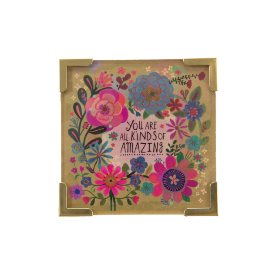 Card with colorful floral design and text on a white background