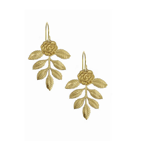 Gold leaf and rose design earrings on a white background