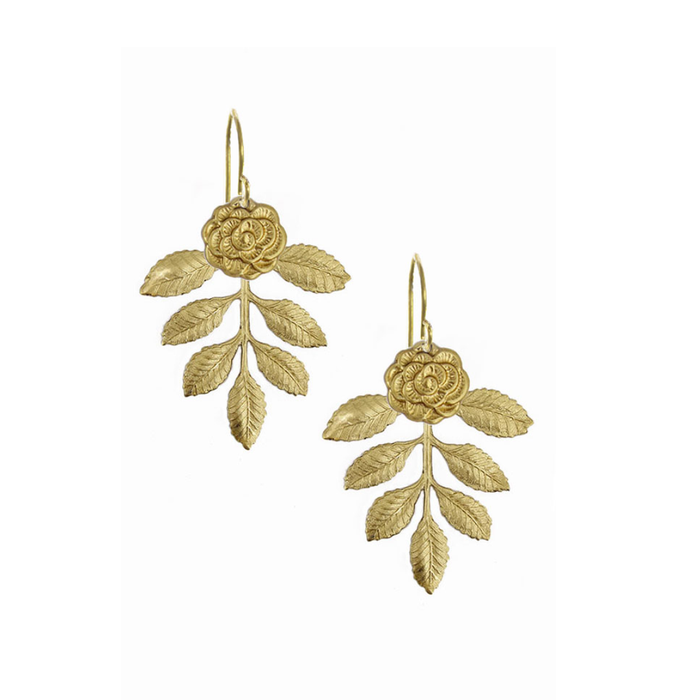 Gold leaf and rose design earrings on a white background