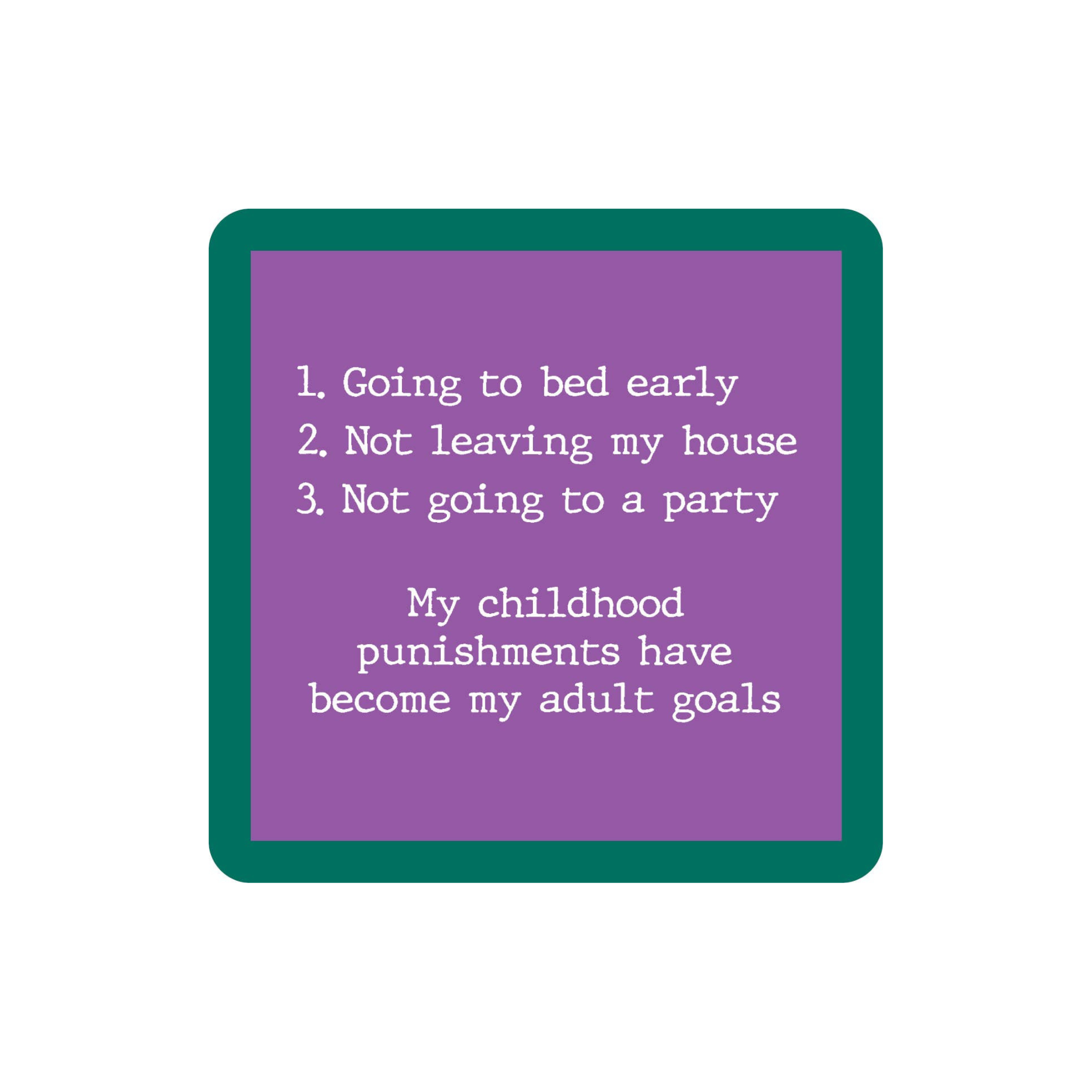 Purple square with white text on a teal border