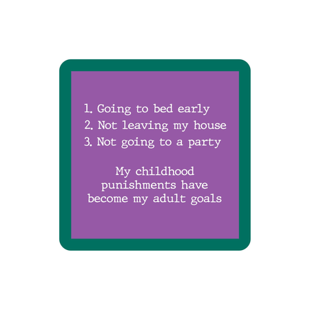 Purple square with white text on a teal border