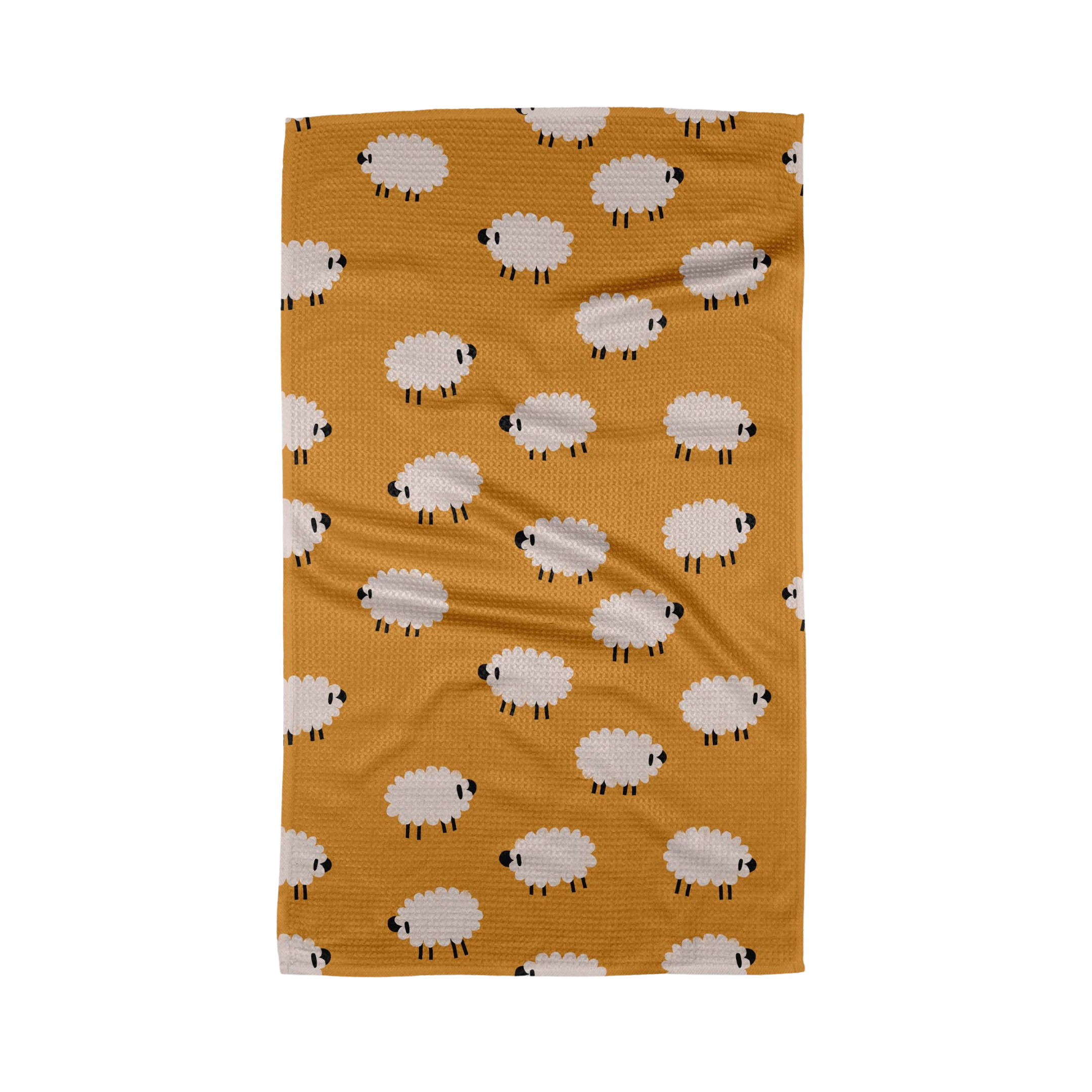 Towel with sheep pattern on a mustard yellow background