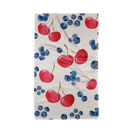 Towel with red cherries and blueberries pattern on a white background