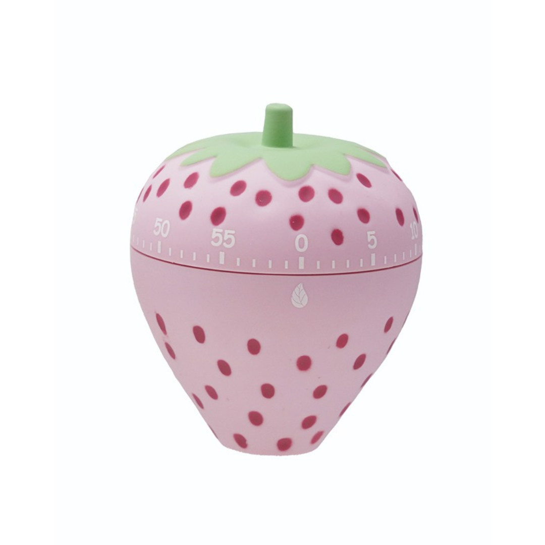 A strawberry-shaped kitchen timer with a light pink body, darker pink seeds, a light green top, and white measurement markings, shown on a plain white background.