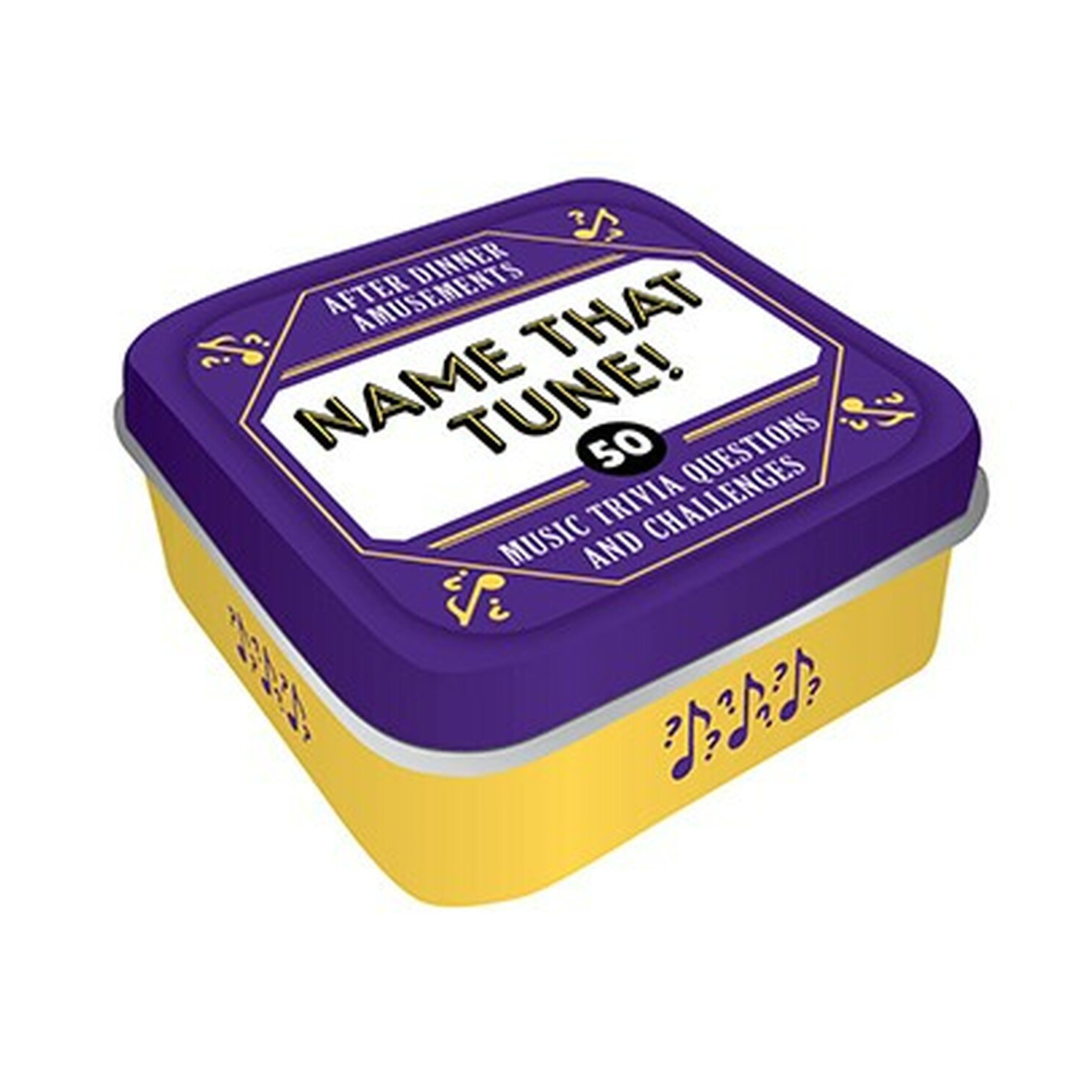 A square game tin labeled 'NAME THAT TUNE!' with a purple lid and yellow sides, shown on a plain white background.