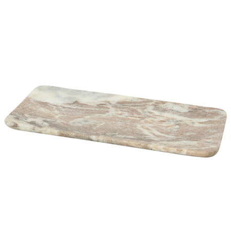 A rectangular marble serving board with rounded corners, featuring natural beige, brown, and cream veining, shown on a solid white background.