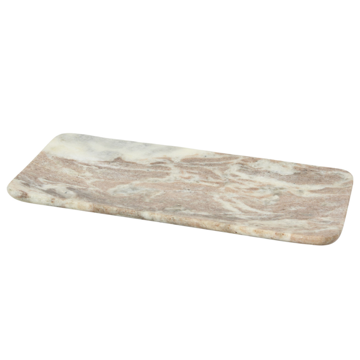 A rectangular marble serving board with rounded corners, featuring natural beige, brown, and cream veining, shown on a solid white background.