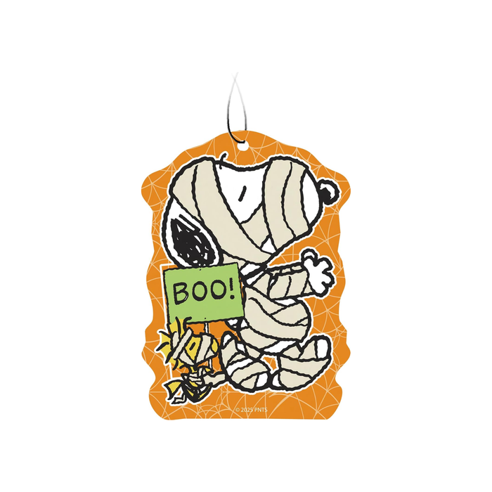 car air freshener with snoopy dressed up as a mummy on a n orange background