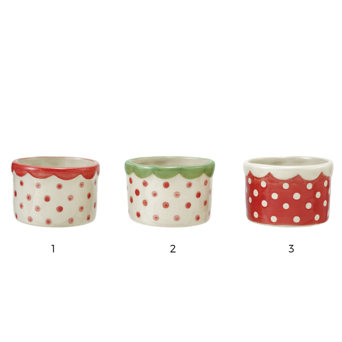 Three small ceramic ramekins with scalloped rims and polka dots, shown side by side on a white background with labels 1, 2, and 3 underneath. Ramekin 1 has a red rim and red dots on an off-white body, ramekin 2 has a green rim and red dots on an off-white body, and ramekin 3 has a red rim with white dots on an off-white body.