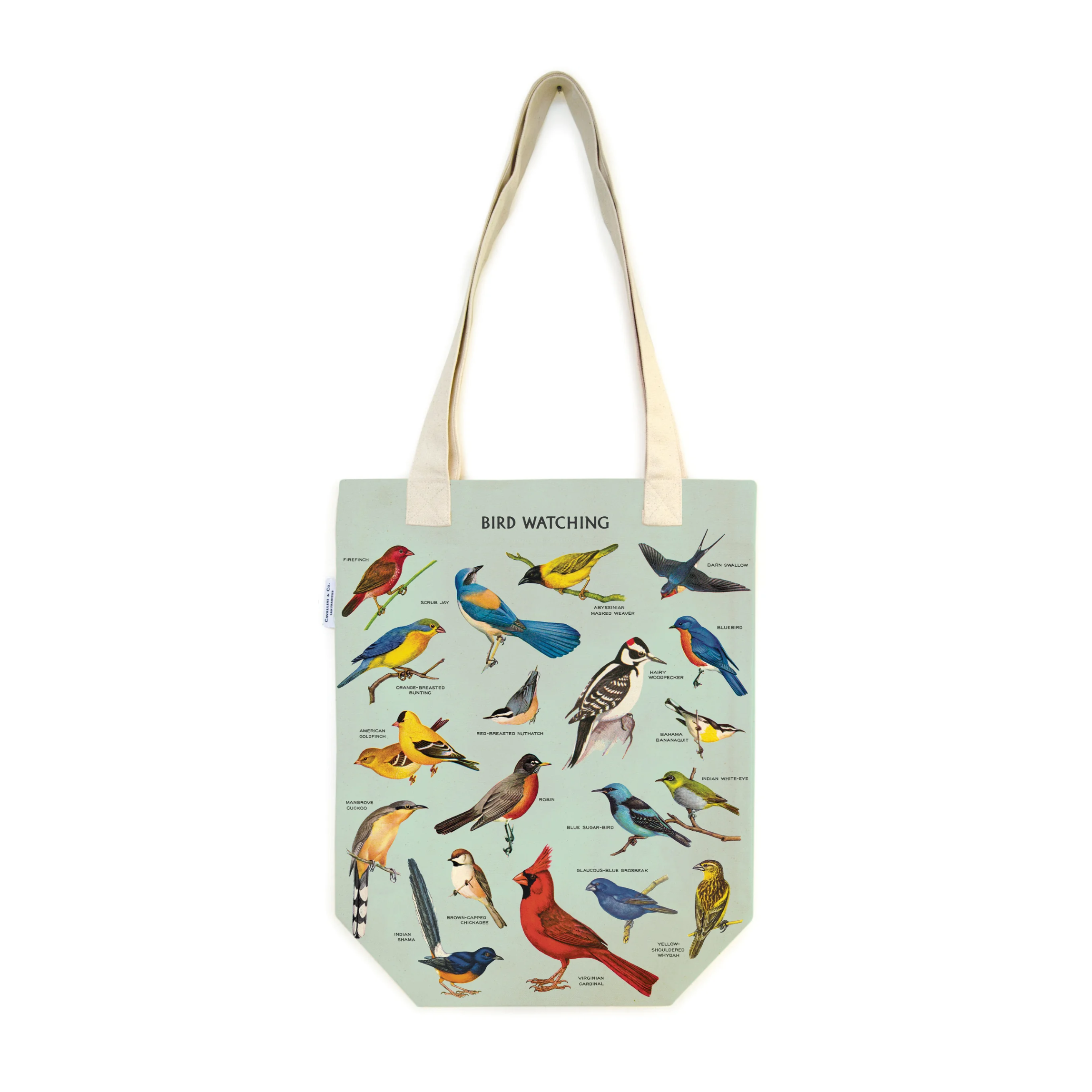 blue tote with bird illustrations