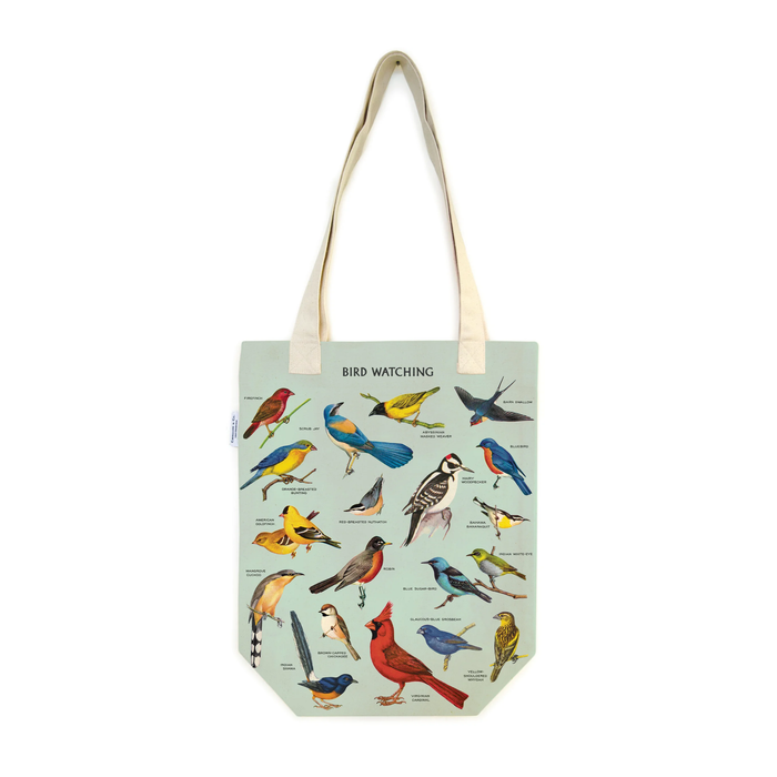 blue tote with bird illustrations