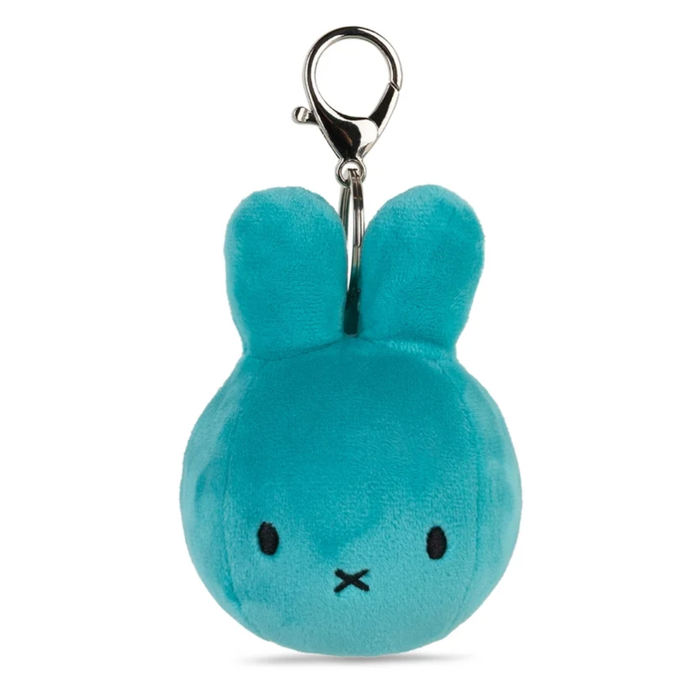 Plush Teal Miffy Bunny with silver keychain on a white background.