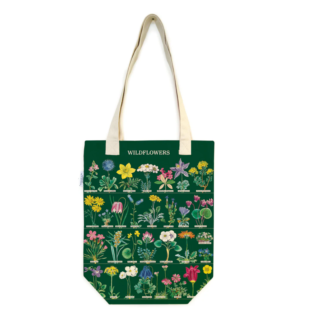 Tote bag with wildflower design on a white background