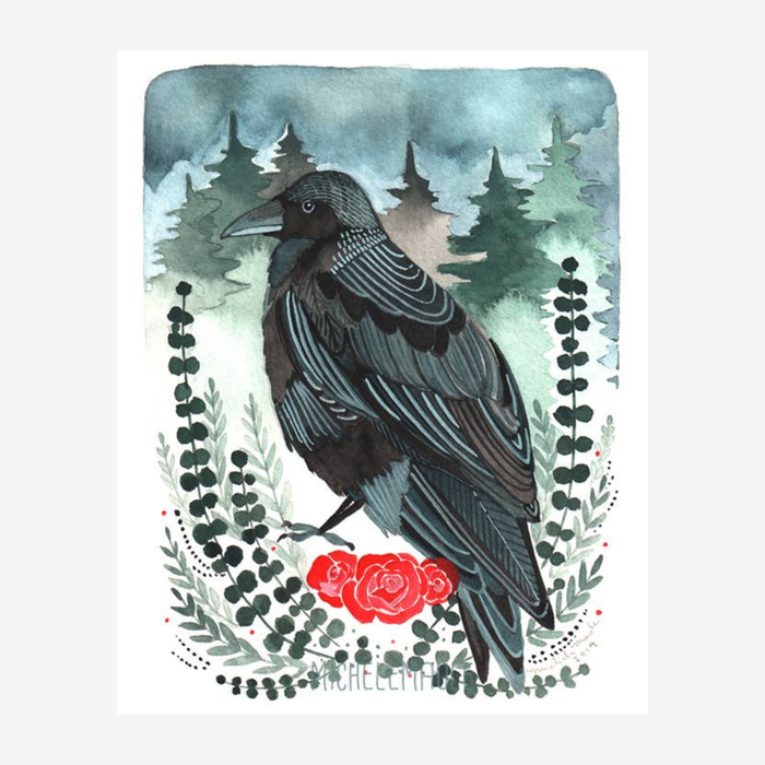 Illustration of a crow with floral elements on a watercolor background