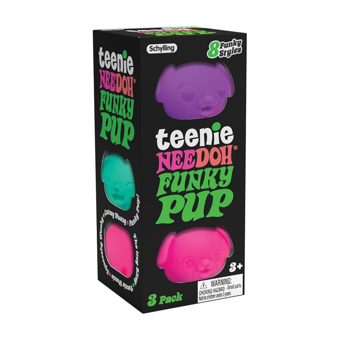 Box of Teenie Needoh Funky Pup toys with colorful pups on a white background