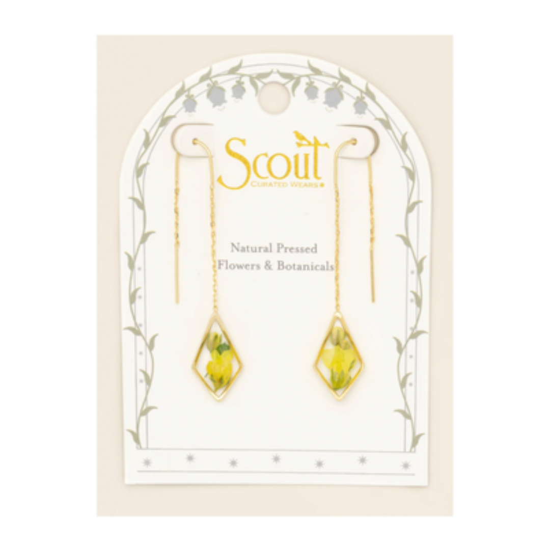 Scout earrings with natural pressed flowers on a decorative card