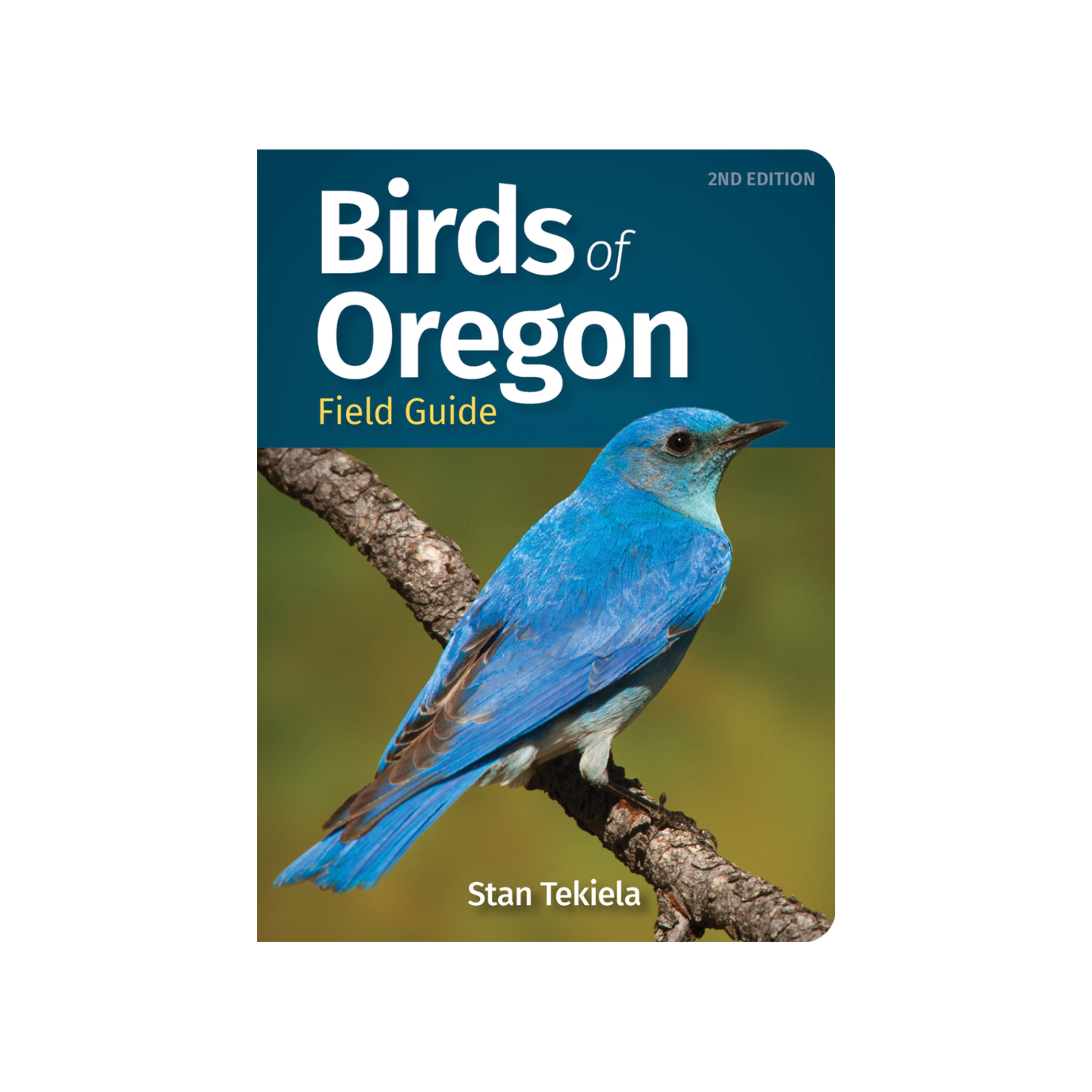 Book cover of 'Birds of Oregon Field Guide' with a blue bird on a branch