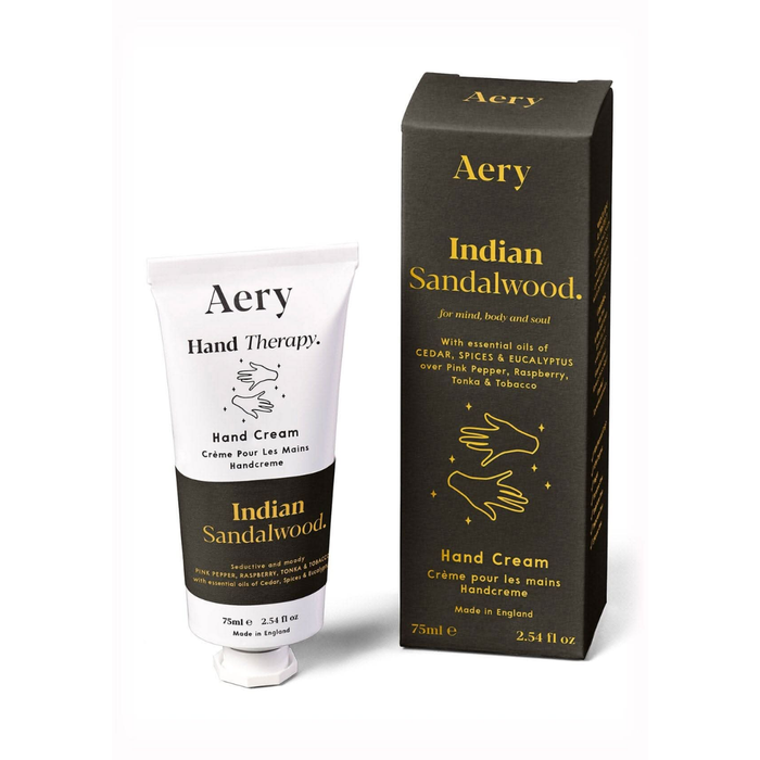 Aery Indian Sandalwood hand cream tube and packaging on a white background