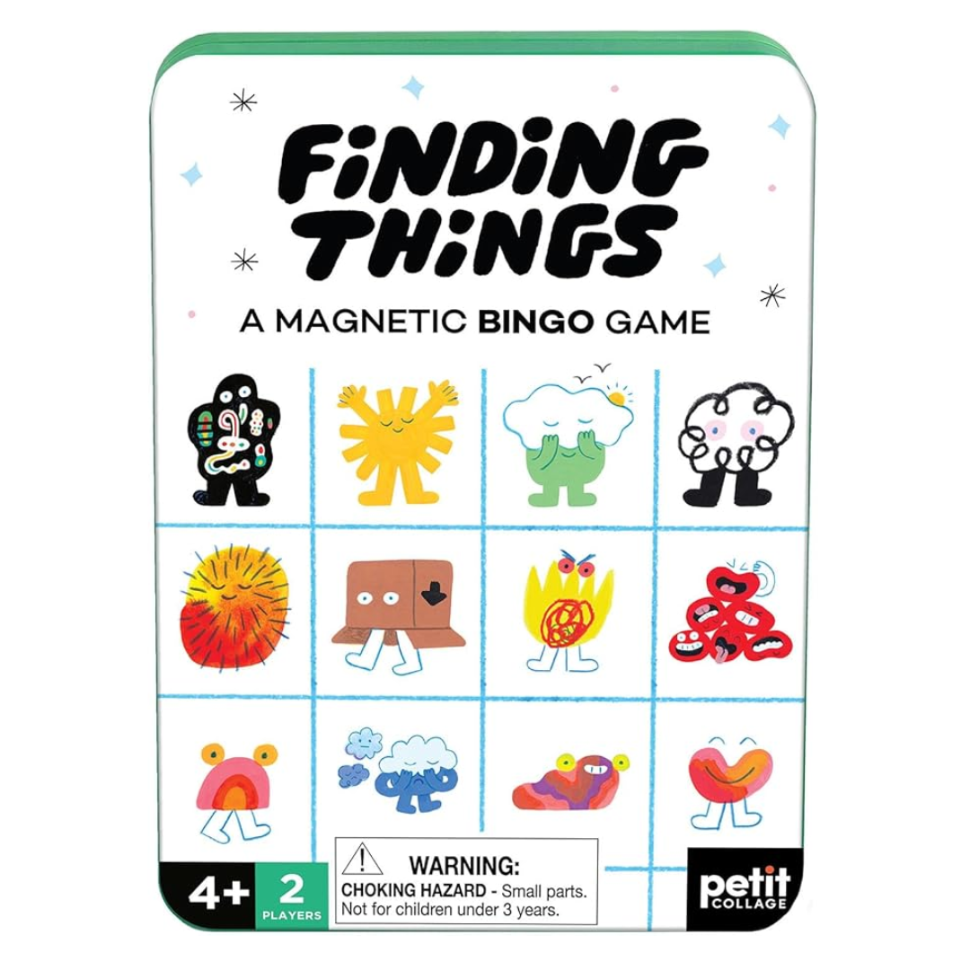 Magnetic bingo game packaging with colorful illustrations and 'Petit Collage' branding.