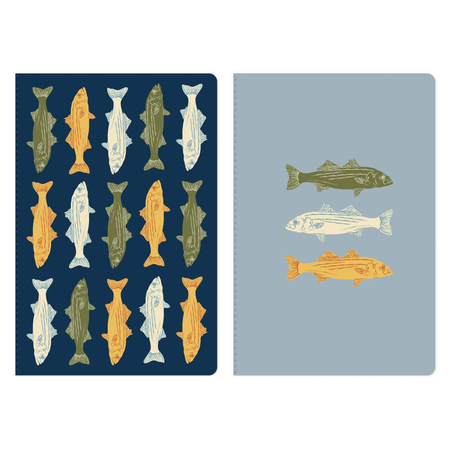 Two notebooks with fish illustrations on a white background