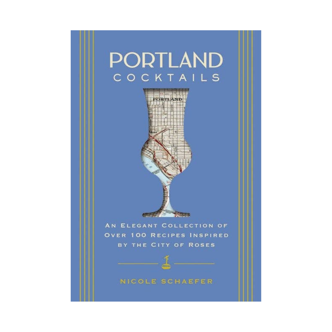 Book cover of 'Portland Cocktails' with a cocktail glass illustration on a blue background