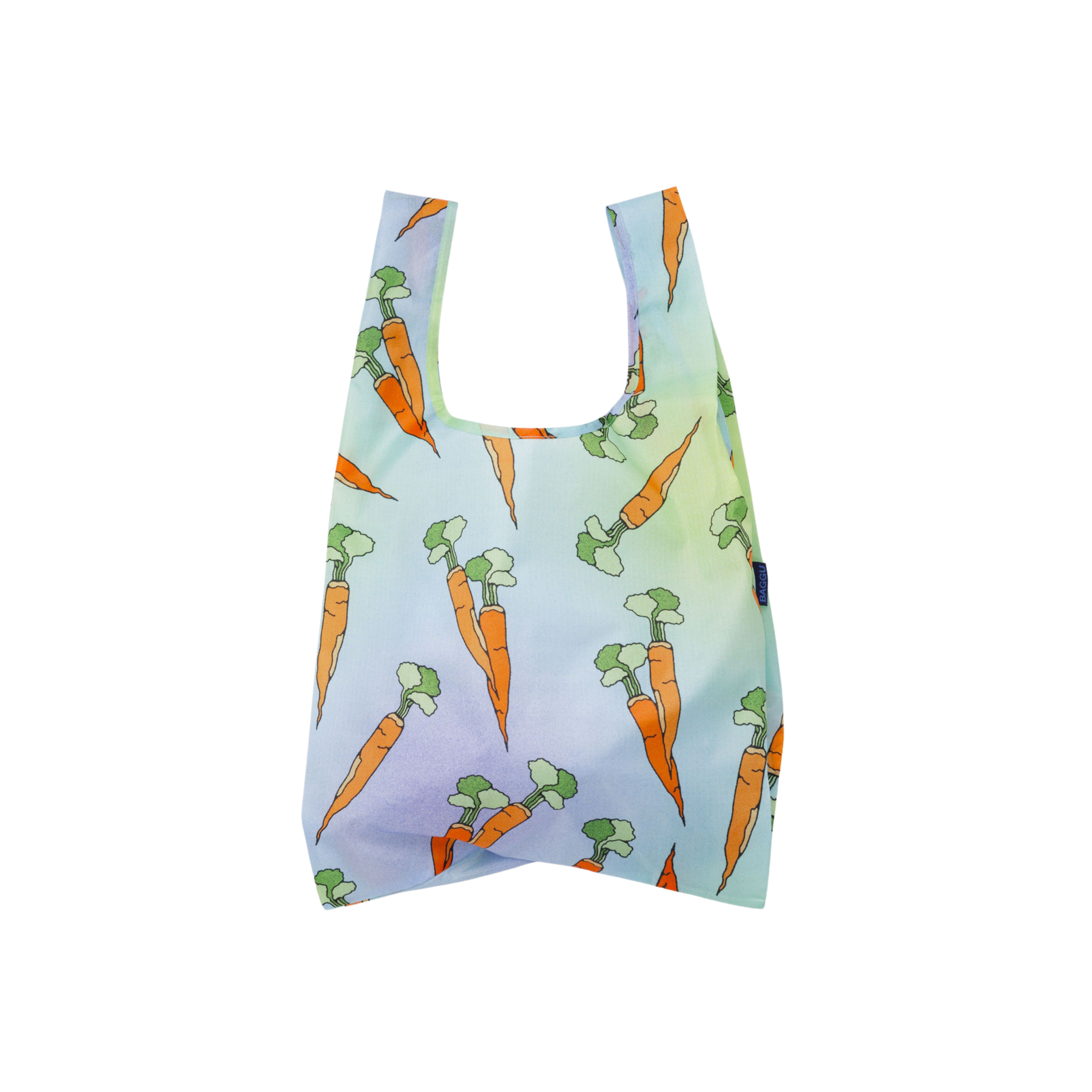 Reusable shopping bag with carrot pattern on a gradient background