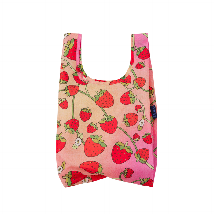 Reusable shopping bag with strawberry pattern on a white background