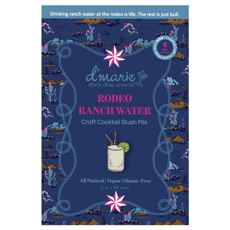 D'marie Rodeo Ranch Water packaging with desert scene illustration on blue background