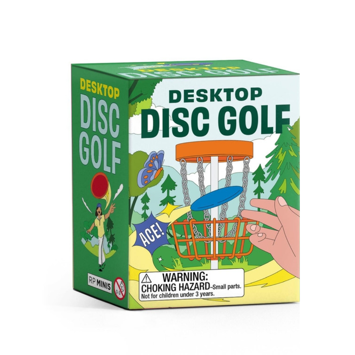 Box of Desktop Disc Golf game with illustrations on a white background