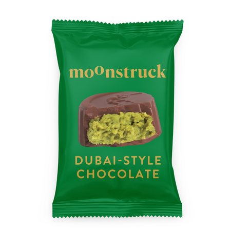 Green packaging of moonstruck Dubai-style chocolate on a white background