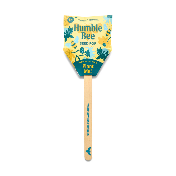 Humble Bee seed pop packaging with a wooden stick on a white background