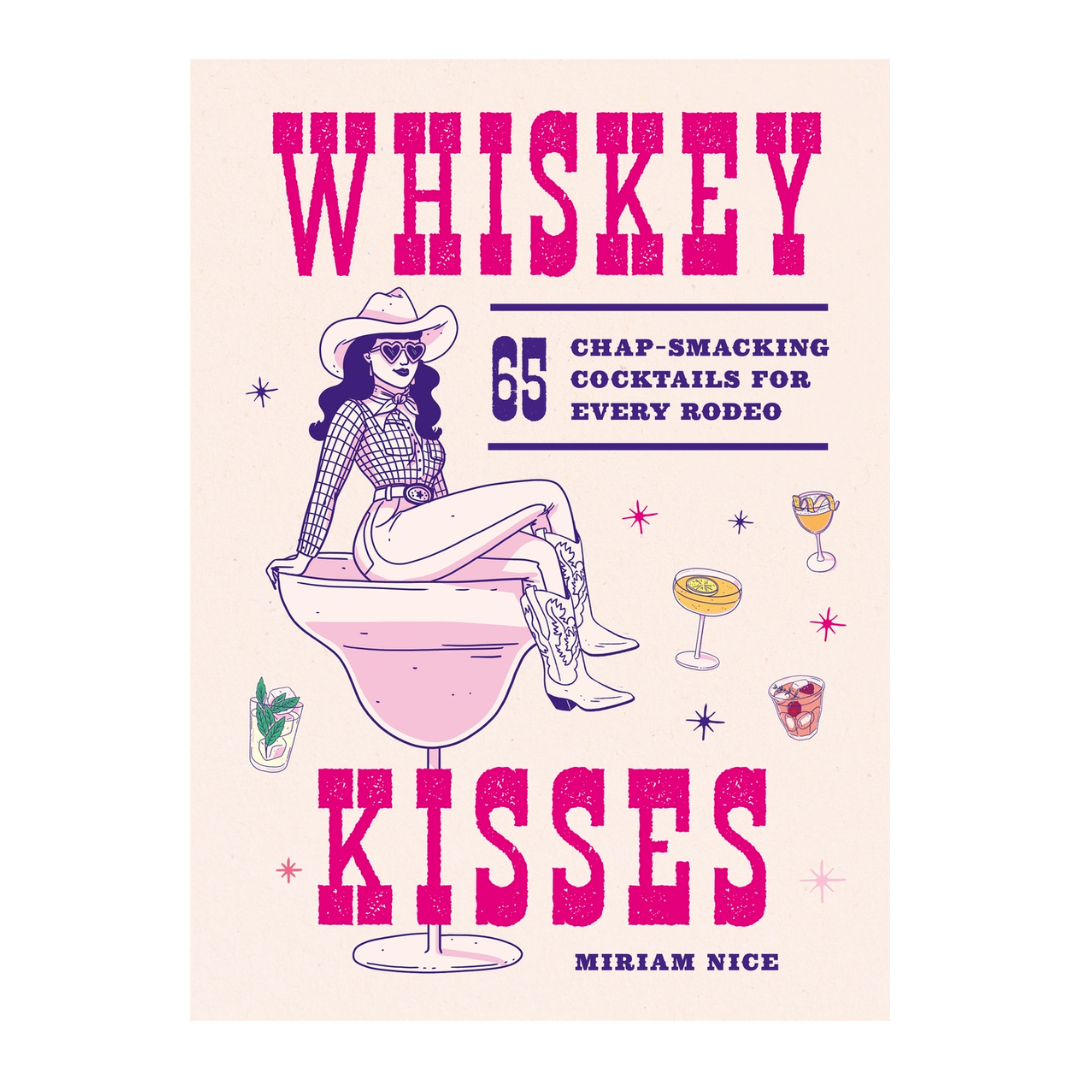 Book cover for 'Whiskey Kisses' by Miriam Nice, featuring a retro western-themed illustration with a woman in a cowboy hat sitting in a pink cocktail glass on a cream background.