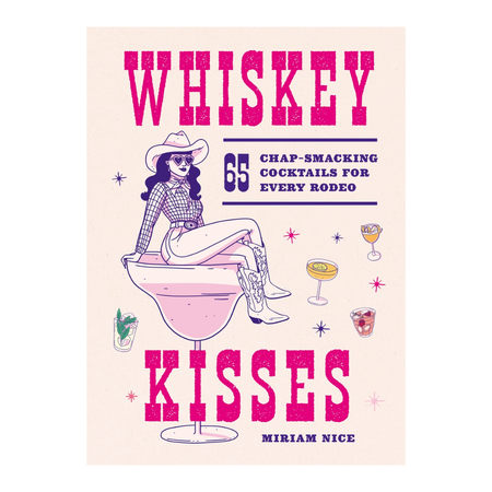 Book cover for 'Whiskey Kisses' by Miriam Nice, featuring a retro western-themed illustration with a woman in a cowboy hat sitting in a pink cocktail glass on a cream background.