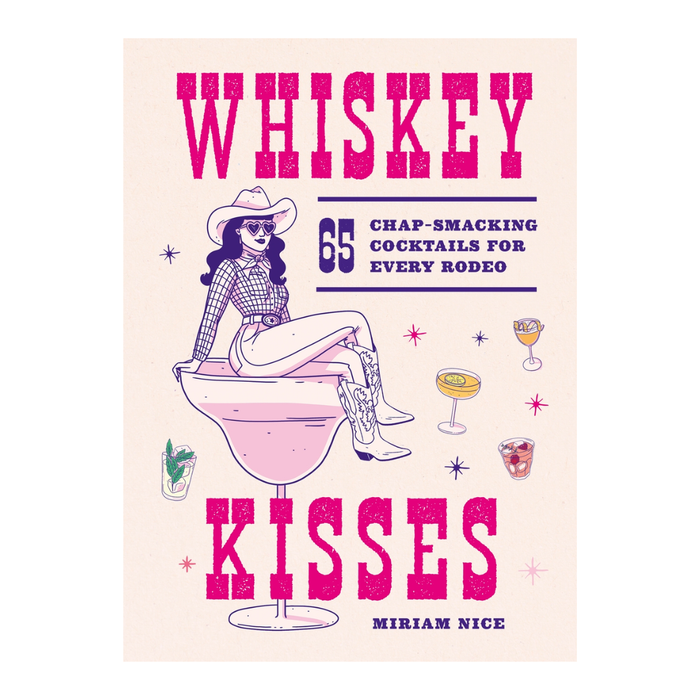 Book cover for 'Whiskey Kisses' by Miriam Nice, featuring a retro western-themed illustration with a woman in a cowboy hat sitting in a pink cocktail glass on a cream background.