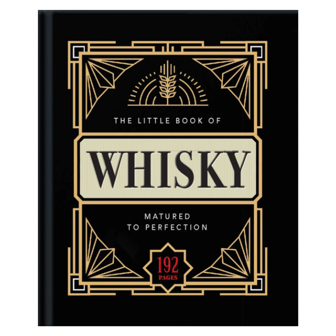 The Little Book of Whisky, featuring a black cover with elegant gold Art Deco borders and typography, and a cream central label panel.