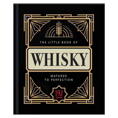 The Little Book of Whisky, featuring a black cover with elegant gold Art Deco borders and typography, and a cream central label panel.