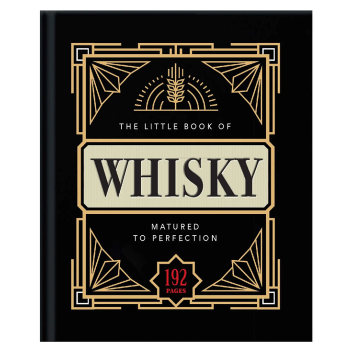 The Little Book of Whisky, featuring a black cover with elegant gold Art Deco borders and typography, and a cream central label panel.