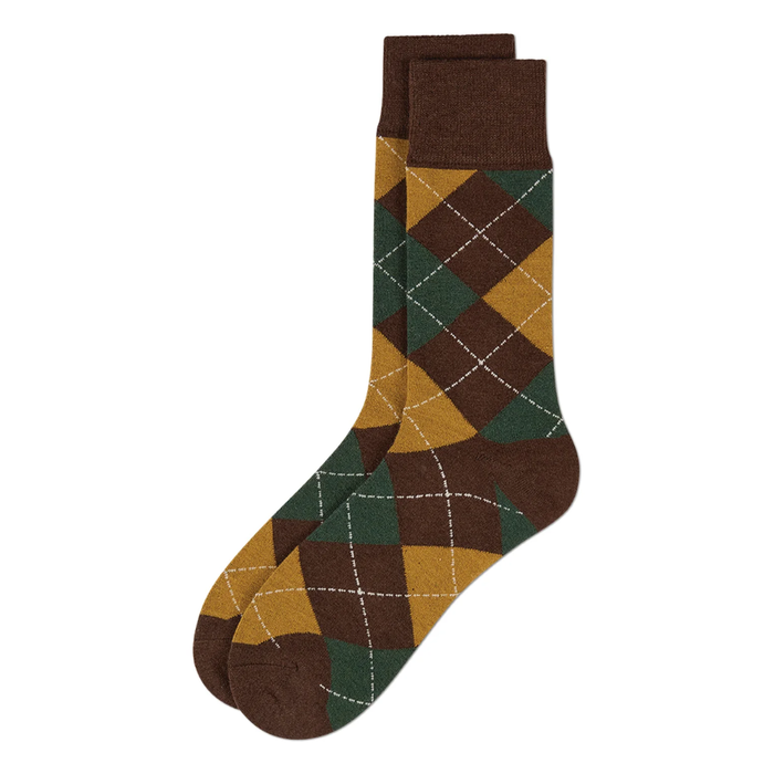 Argyle patterned socks with a brown, green, yellow, and white color scheme - on a white background.