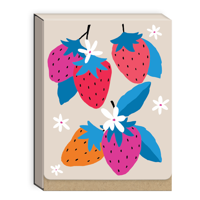 colorful strawberry design on a beige background