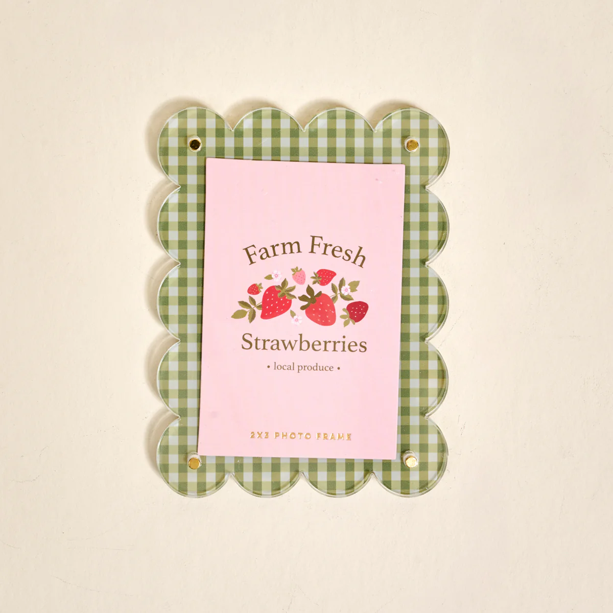 Scallop edge magnetic frame with green gingham background and farm fresh strawberries photo placeholder