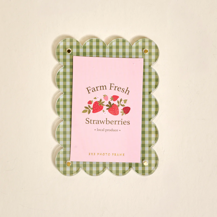 Scallop edge magnetic frame with green gingham background and farm fresh strawberries photo placeholder