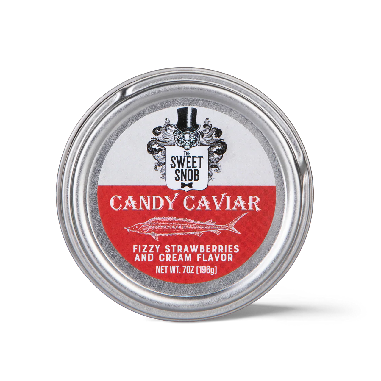 Tin of 'Candy Caviar' with a red label on a white background