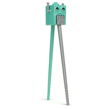chopsticks with a green robot head and gray body on a white background