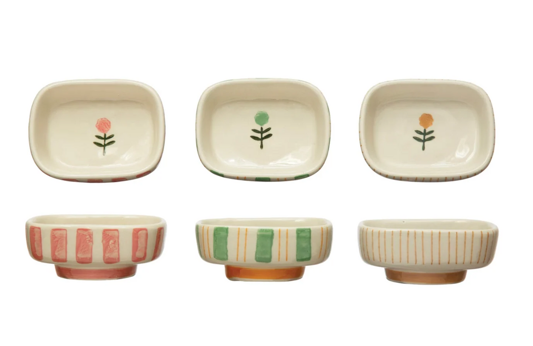 Hand-Painted Stoneware Dish w/ Stripes & Flower
