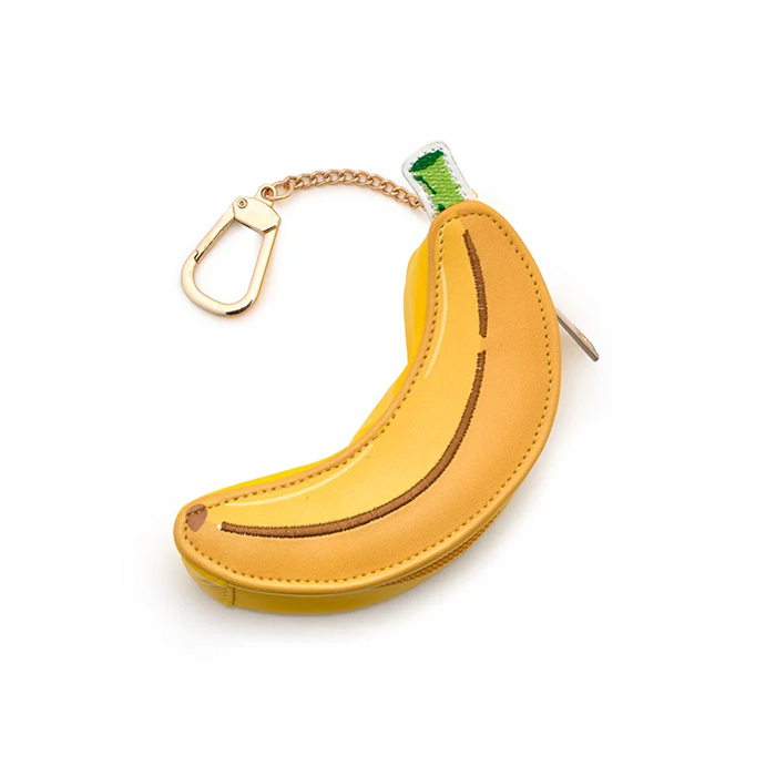 Banana-shaped keychain on a white background
